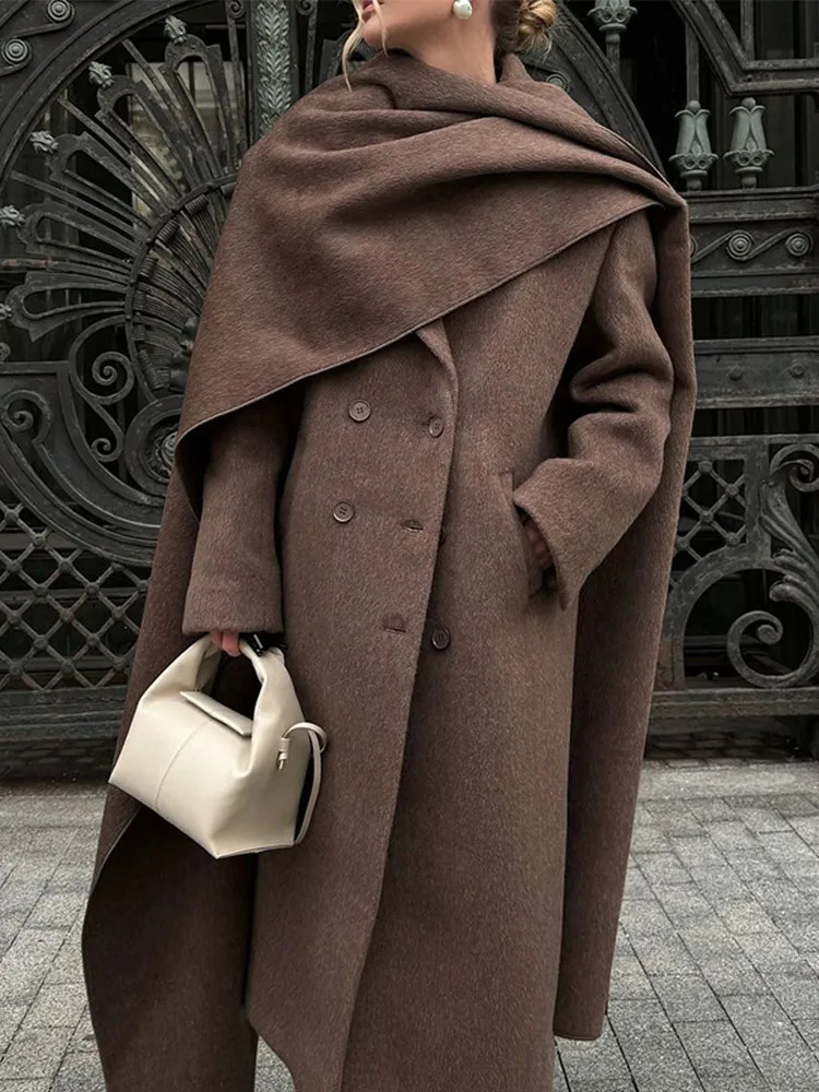 Fashion Oversized Full Sleeve Big Scarf Collar Women Overcoat Elegant Solid Pocket Double Breasted Coat Lady 2024 Commuting Wear 241113