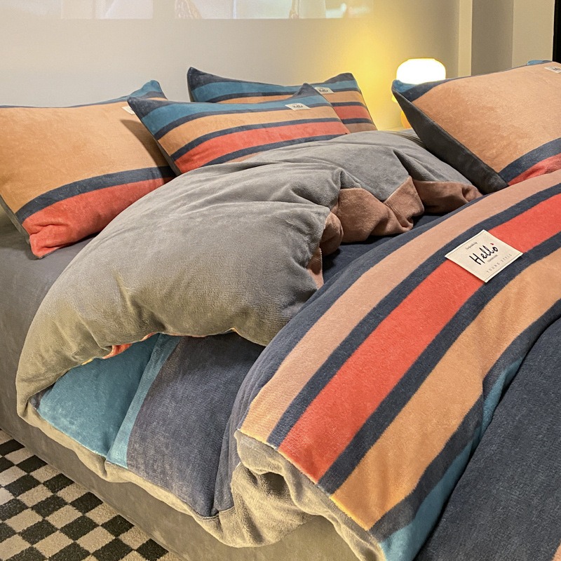 Flannel Duvet Cover Set 2x2.3m 4 Piece Bedding Winter Plaid Comforter Cover Soft Warm