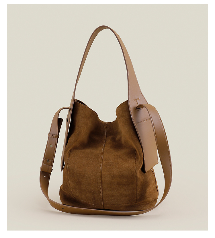 Ins Chic Slouchy Style Soft Touch Bucket Tote Big Genuine Suede Leather Women Shoulder Bag Matte Nubuck Office Ladies Handbag Suede BagVoyage