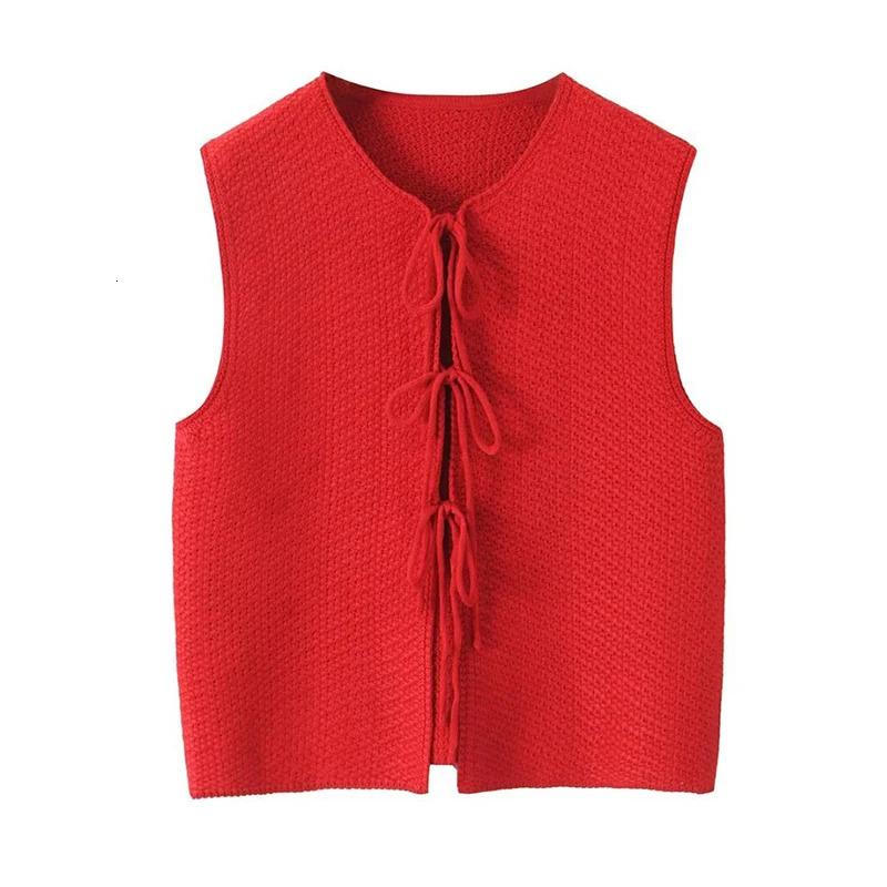 TRAF Bow Tied Vests For Women V Neck Short Knitted Sleeveless Vest Jacket Woman Waistcoat Streetwear Outerwear 241113