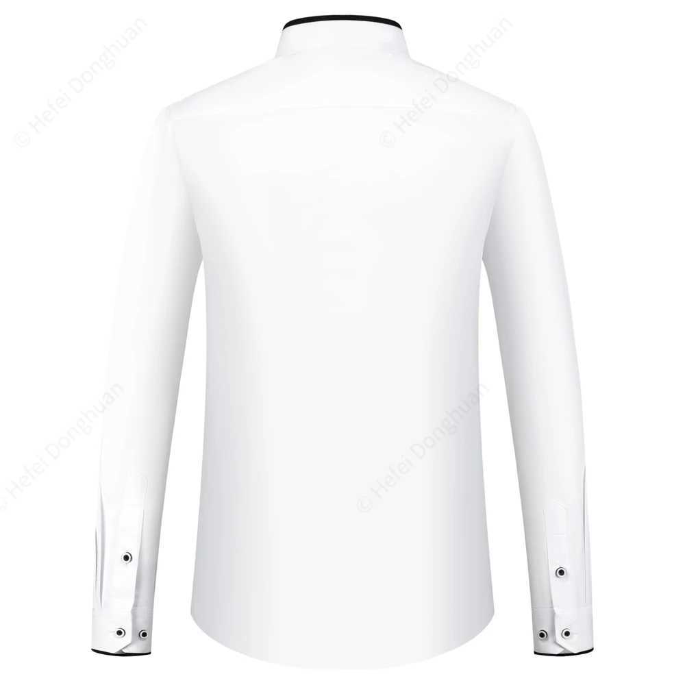 Mens Color Matching Long Sleeve Mandarin Collar Shirt Patch Chest Pocket Regular-fit Dress Shirts For Business ActivitiesXJ24113