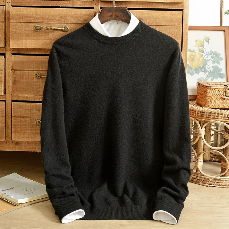 Winter mens round neck cashmere sweater 100% pure cashmere high-end knitted sweater pure color cashmere sweater mens fashionable top 241113