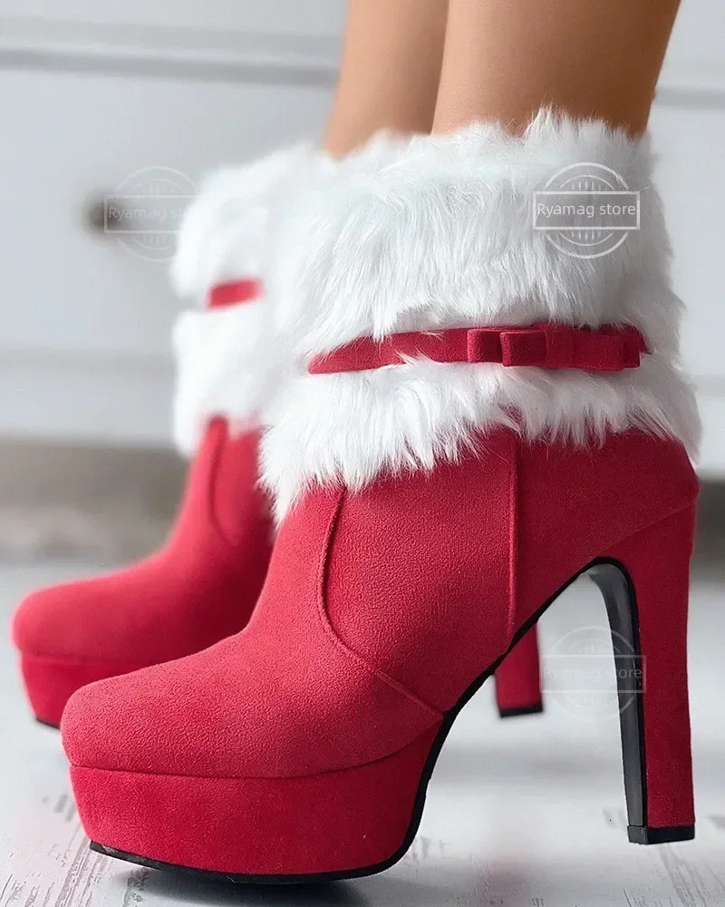 Boots womens bow thin high heels matte ankle winter shoes waterproof platform high-heeled bow decoration Christmas red 241113