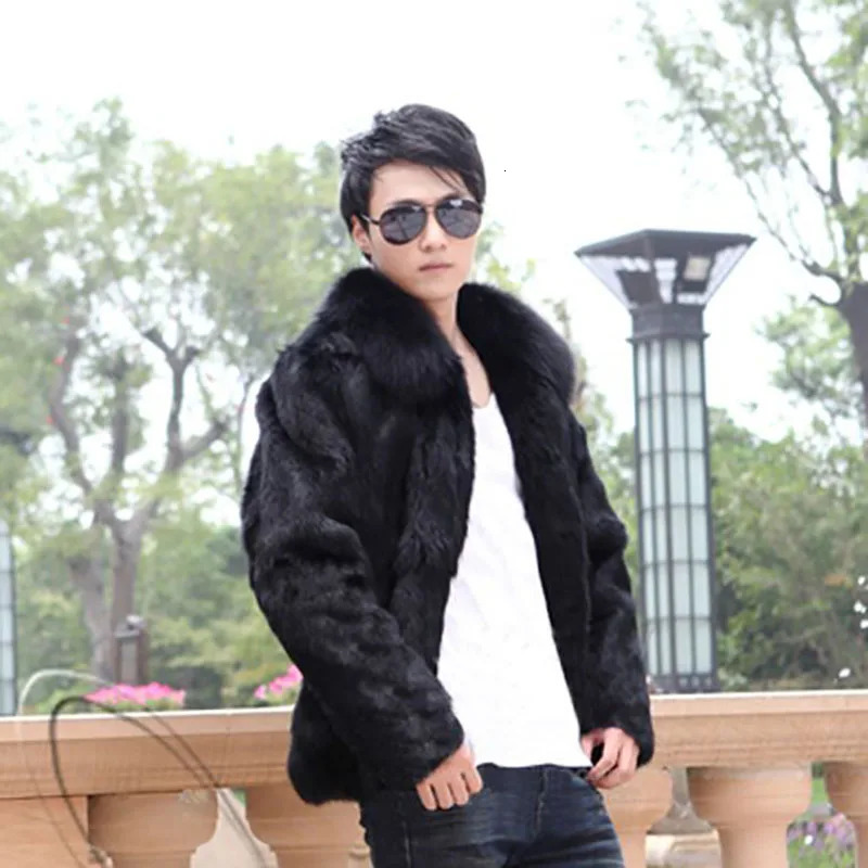 autumn and winter mens fur full leather rabbit fur short fur one-piece fox collar casual jacket 241113