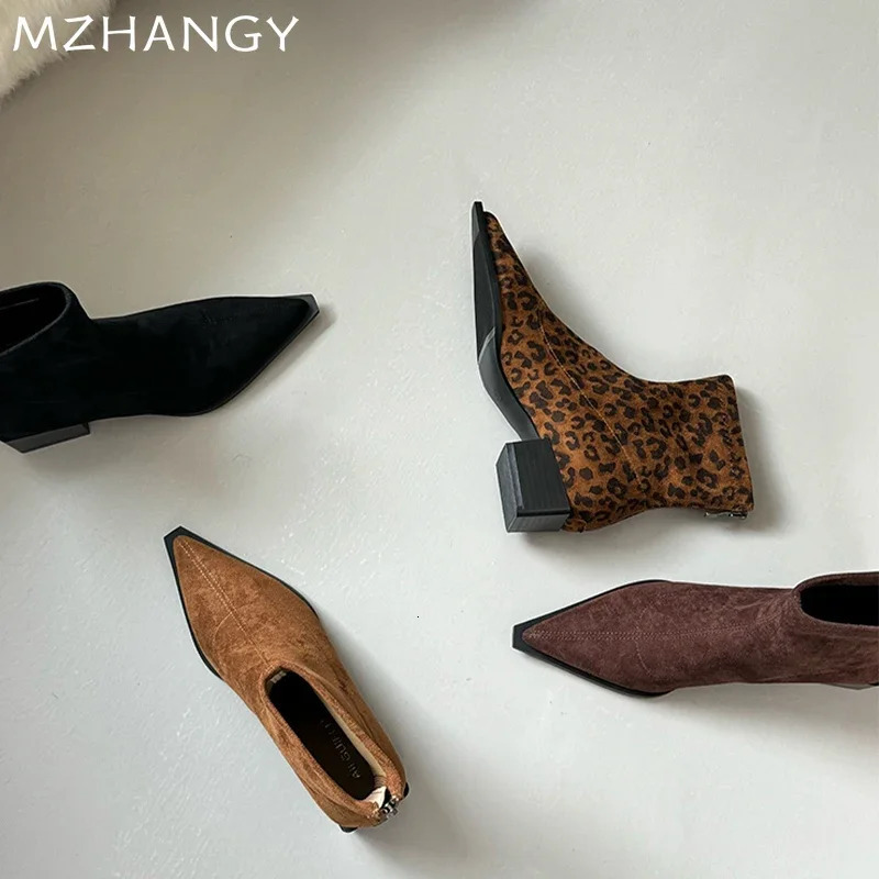 Womens leopard ankle boots toe suede mid boots womens 2024 trend short and chubby Chelsea boots pump Snow Mujer Bottas 241113