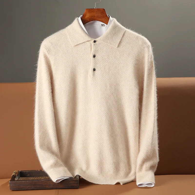 Autumn and winter 100% mink cashmere sweater mens knitted polo neck casual business thick warm long sleeved 241108