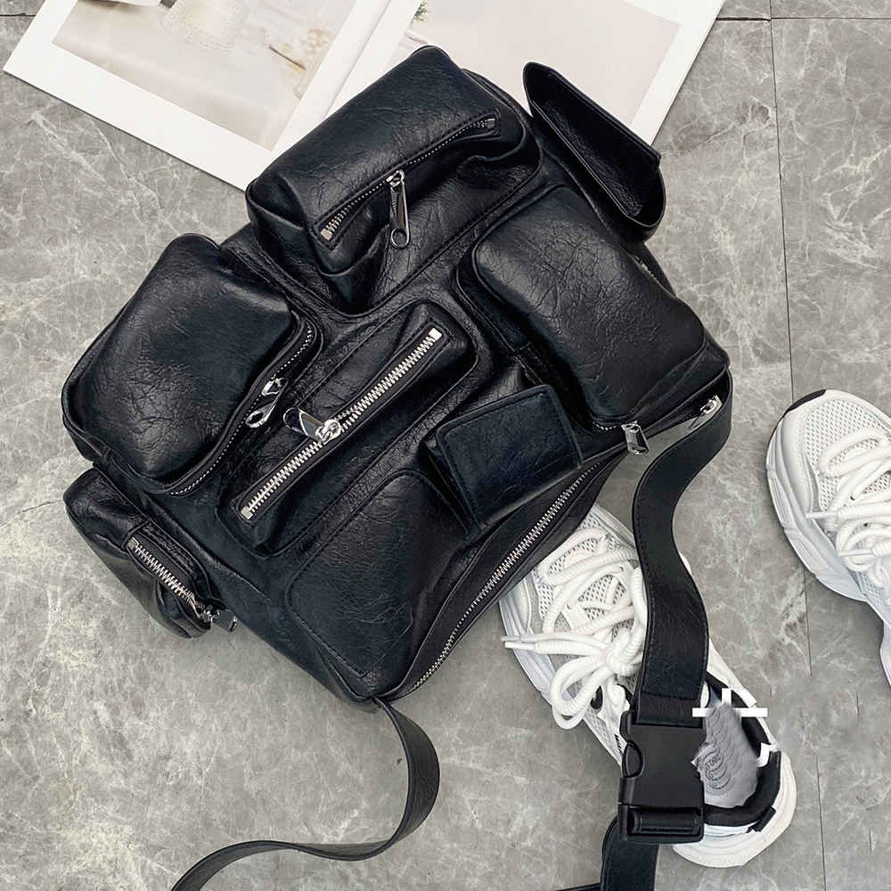 Dark Motorcycle Style Large-Capacity Shoulder Man 2025 Fashion Tote Casual Multi-Pocket Zipper Design Crossbody Bag PU BagVoyage