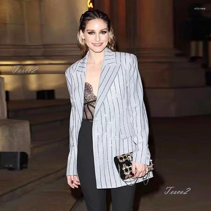 Women's Two Piece Pants Tesco Sparkling Diamond Suit Sets Gray Black Double Breasted Elegant French Jacket Trousers Slim Temperament Outfits