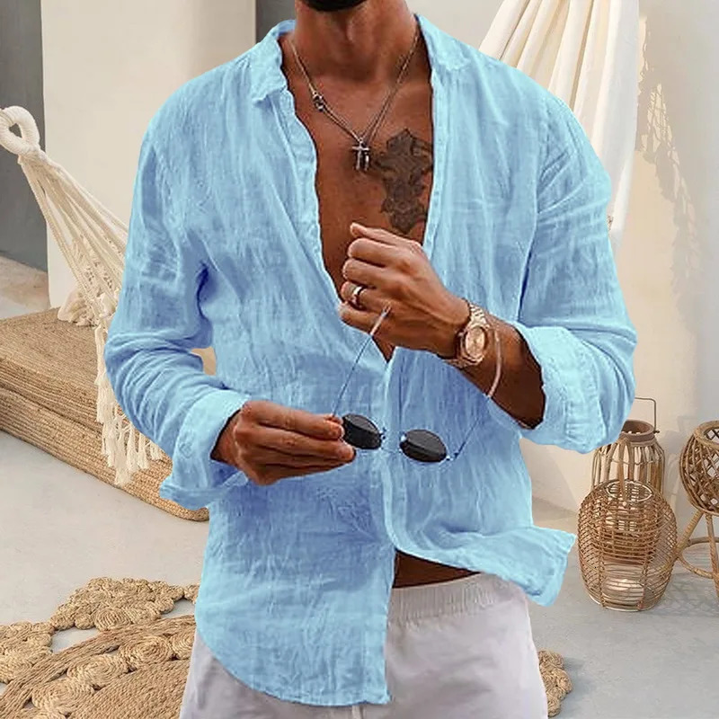 linen mens long sleeved lapel loose and comfortable mens shirt for spring and summer solid casual shirt mens clothing 241113