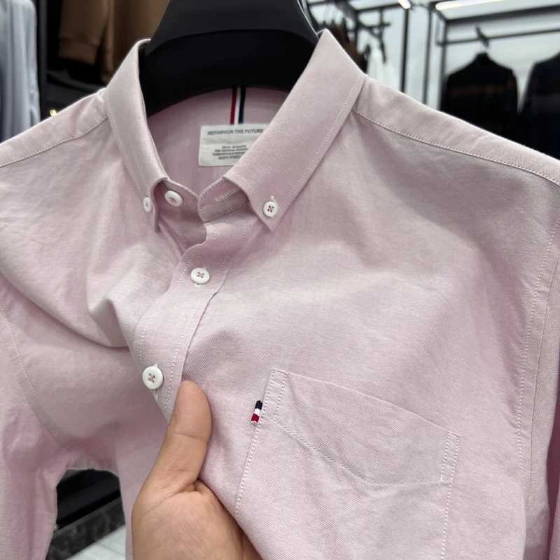 2024 High end Luxury 100% Cotton Mens Oxford Shirt Short sleeved Summer Korean Fashion Ribbon Pocket Business Casual Mens WearXJ24113