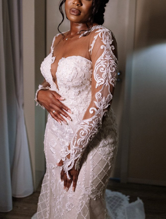 Sexy Women Wedding Dress White Lace Long Dress Deep V-neck Long Mesh Lace Sleeve A-line Pleated Floor-length Dresses 02