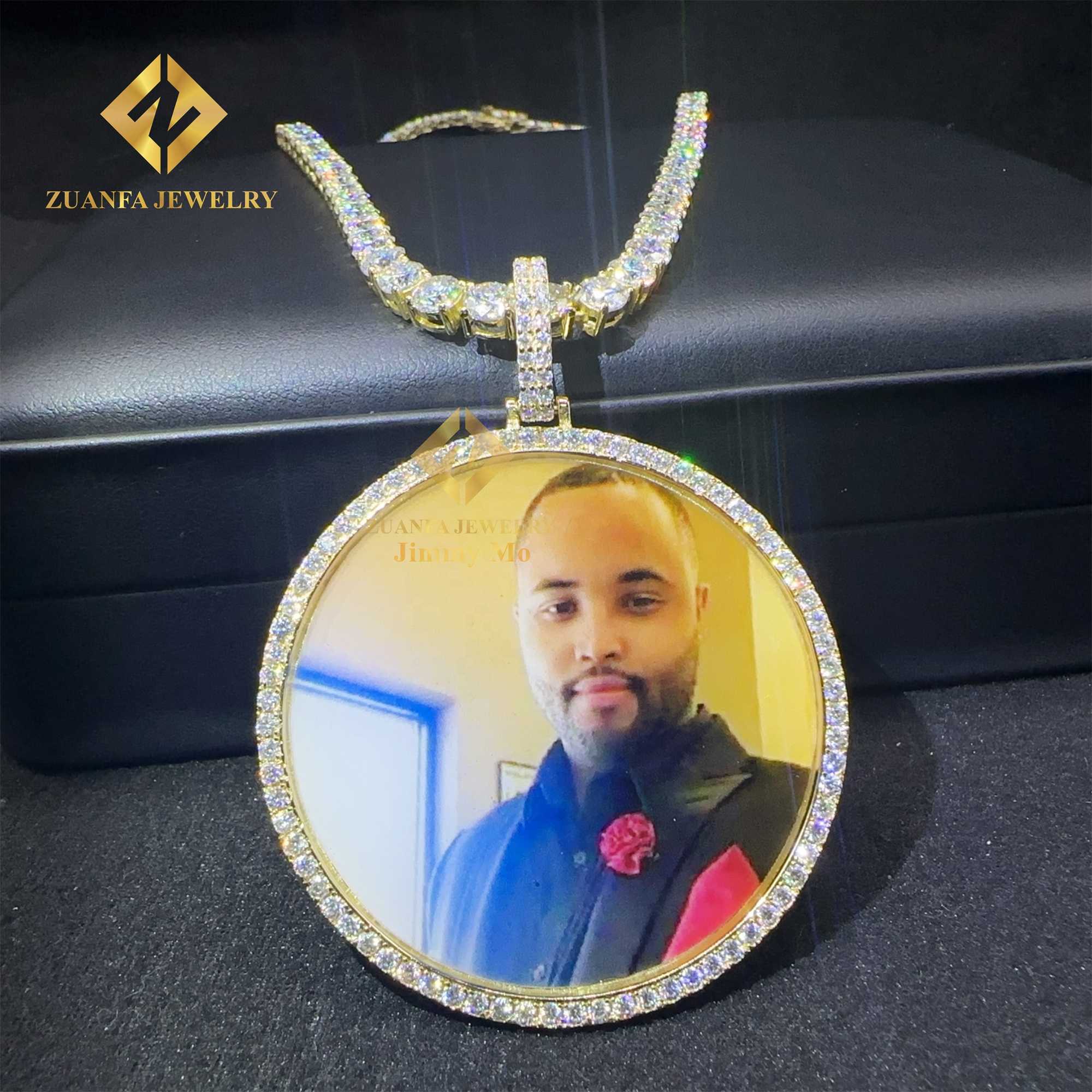 55MM Diameter Pass Diamond Tester Iced Out Jewelry S925 Yellow Gold Plated VVS1 Moissanite Diamond Memory Pendant Necklace