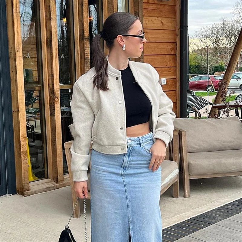 TRAF 2024 Women Jacket Cropped Bomber Jackets For Beige Black Tweed Woman Fashion Long Sleeve In Short Coats 241113