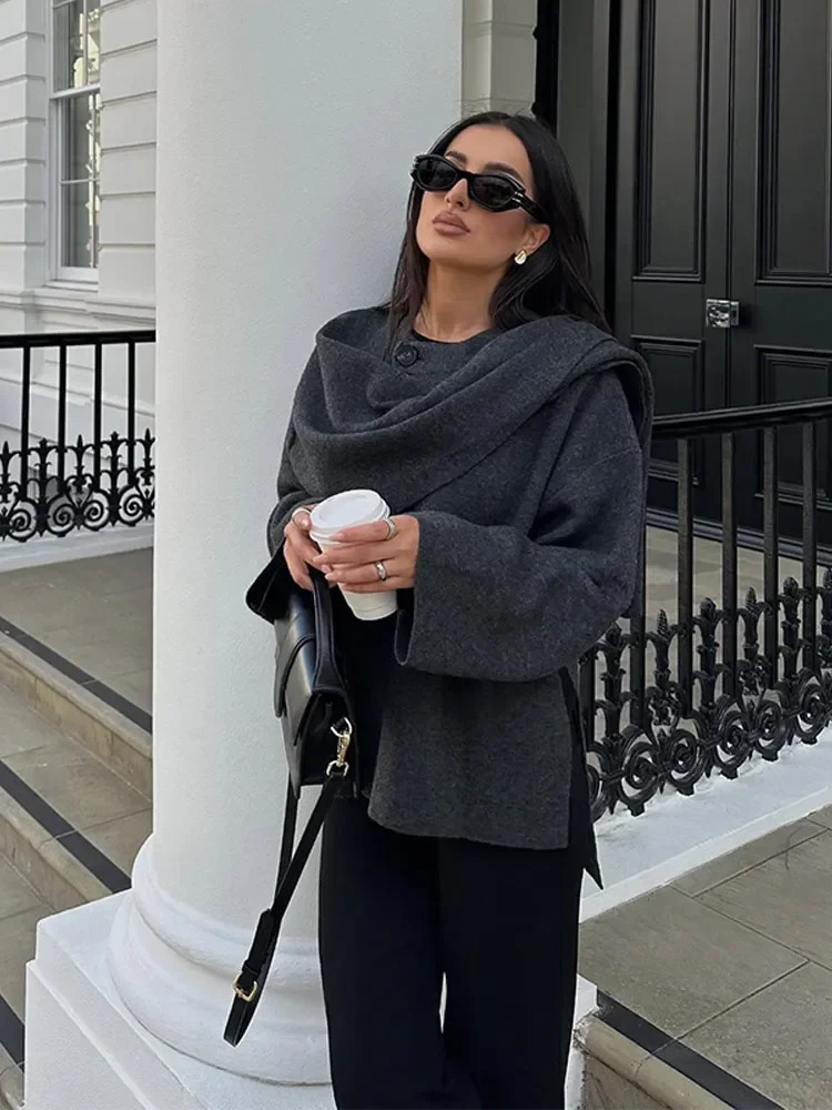Fashion Scarf Collar Woolen Blends Jacket Elegant Long Sleeve Split Hem Loose Short Coats Winter Outerwears 241108