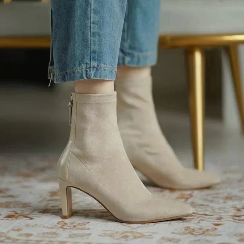 High heeled suede boots for women Korean style autumn and winter mid heel elastic thin boots pointed toes zippered socks for women 241113