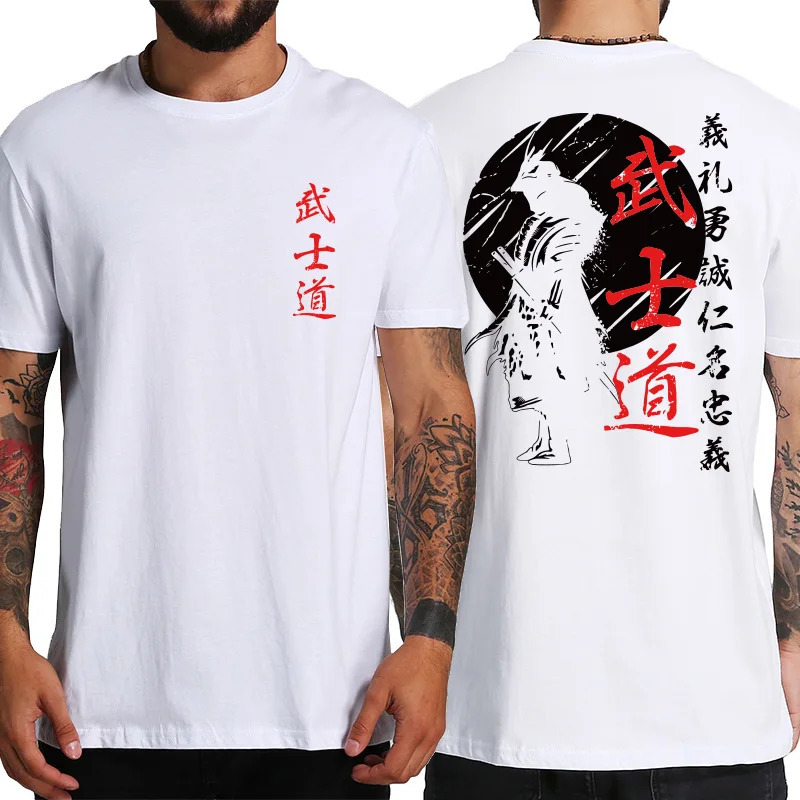 Japan Samurai Spirit T Shirts For Men Japanese Style Back Print Loose Oversized 100% Cotton Tops T-shirt Bushido Male Gifts Tee 240412