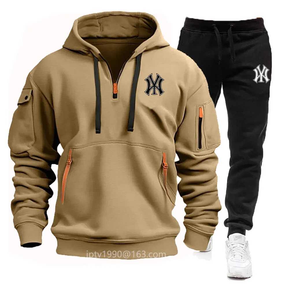 Mens Mens autumn and winter multi pocket zipper hooded sweatshirt+sweatpants 2 sets of casual jogging hooded sweatshirt sportswear X241113