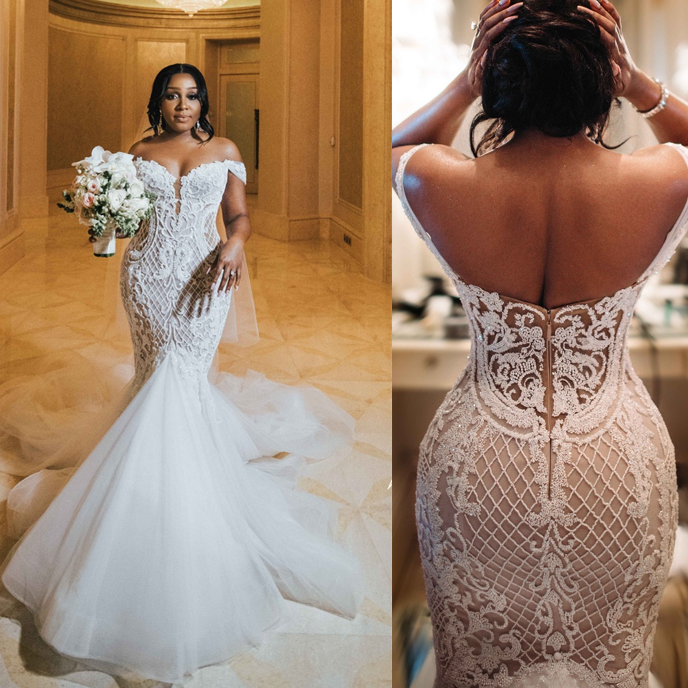 Africa Dubai White Floral Appliques Fish Bridal Gowns Plus Size Sheer Nude Tulle Long Sleeves Satin Mermaid Wedding Dresses Plus Size 01