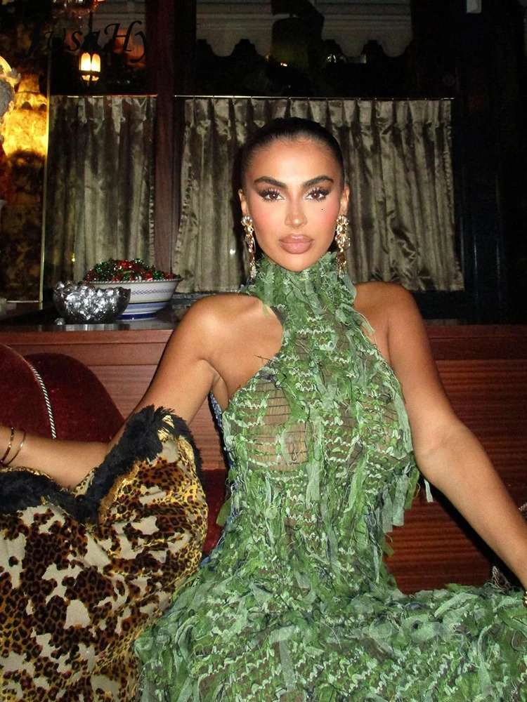 JusaHy Women Y2K Maxi Dresses Halter Green Elegant Hollow Out Patchwork Lace-up Vacation Holiday Backless Chic Dress 240407