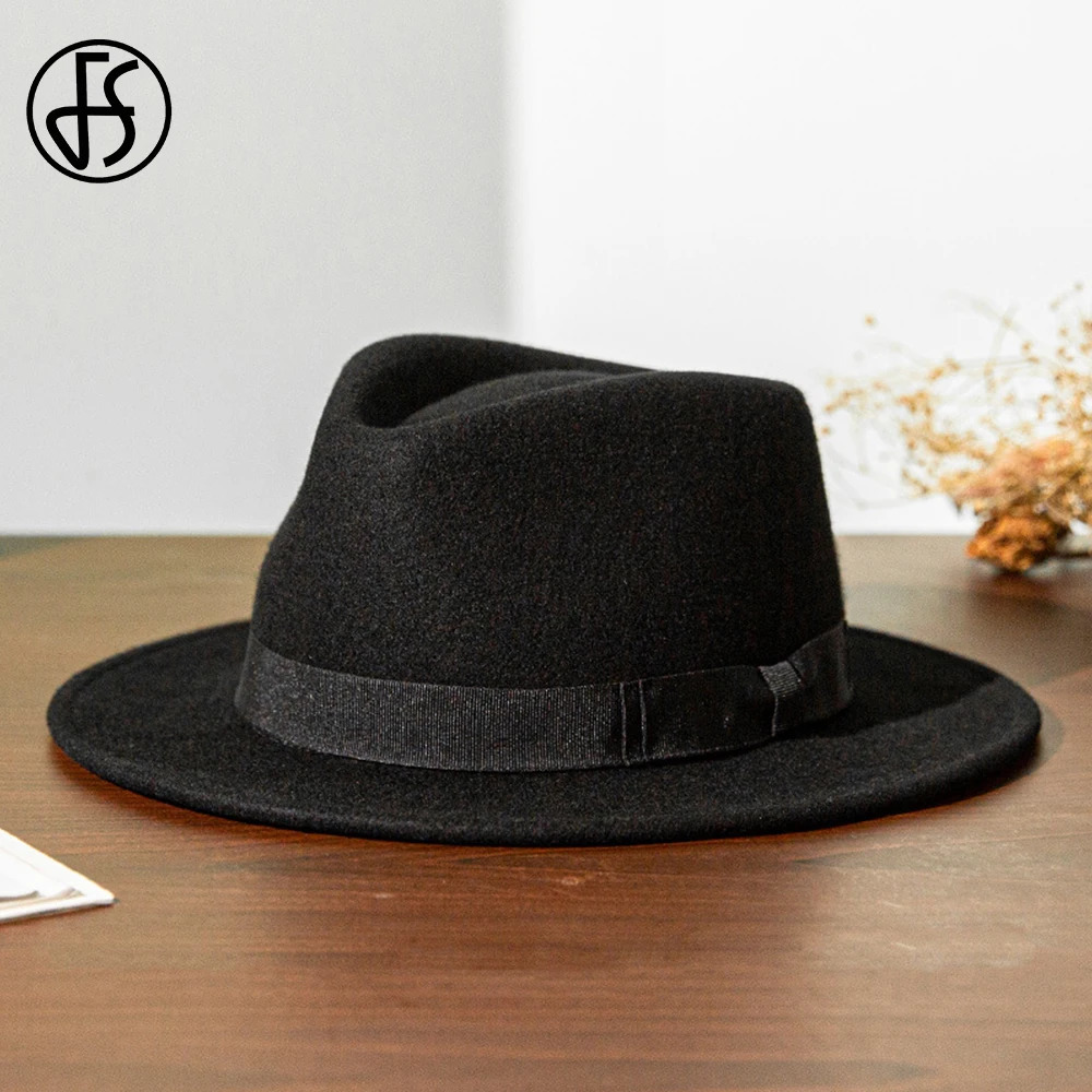 FS French Gentleman Black Jazz Hats for Men With Ribbon Panama Cap Wool Felt Fedoras Wedding Party Trilby Hat Women Unisex 240412