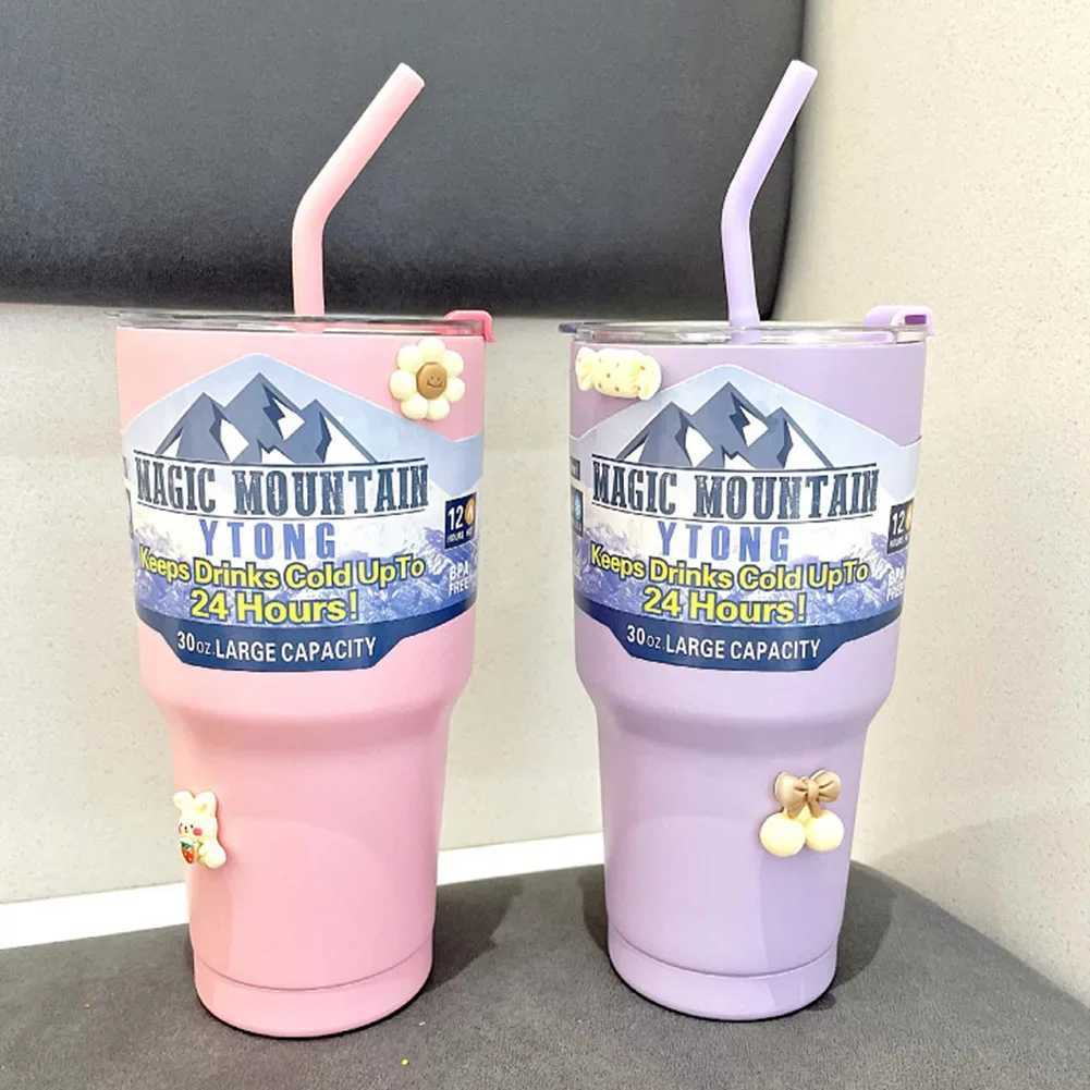 30 oz stainless steel inflatable water bottle simple vacuum cup with straw long pull for outdoor travel Y241114