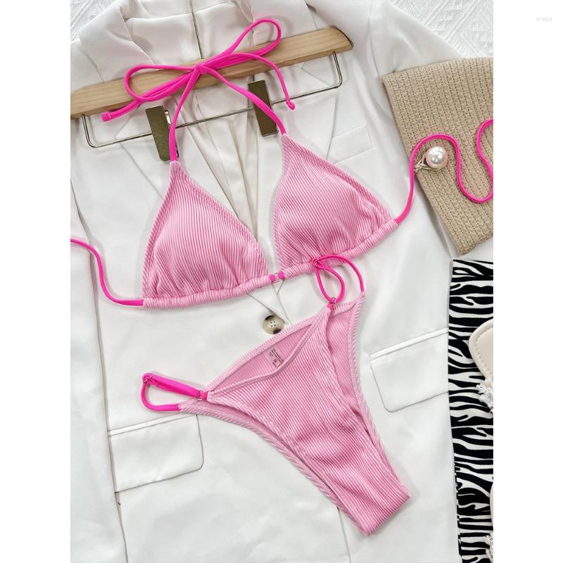 Womens Swimwear Solid Color 2-Piece Swimsuit 2024 Fluorescent Yellow Bikini Set Sexy Low Waist Thong Bathing Suit Suspender Halter