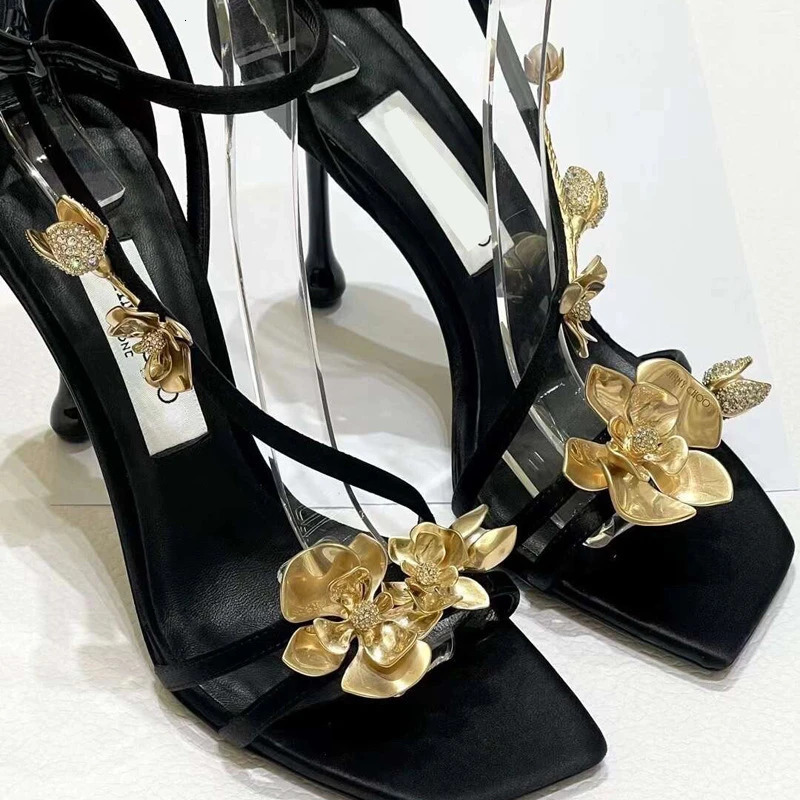 Golden Flower High Heels Womens Silk er Sandals Metal Flower Square Shoes Pointed Stiletto Party Dress Shoes Pump 241113