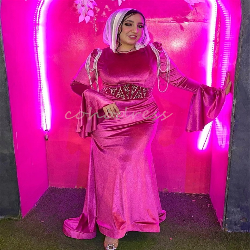 Hot Pink Arabian Evening Dress Plus Size Memaid Prom Dresses Muslim Long Sleeve Engagement Reception Formal Party Moroccan Robe De Soiree 2025