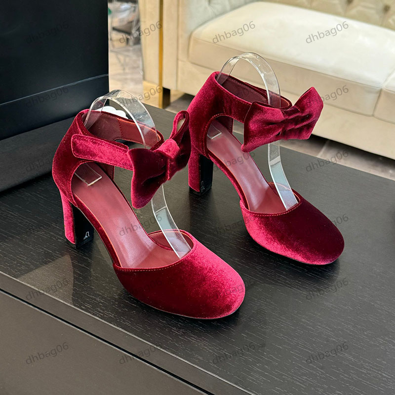 Designer Ladies Velvet High Heels Dress Shoes Strass Bow Decor Vintage Round Toe Wedding Shoes Outdoor Casual Shoes