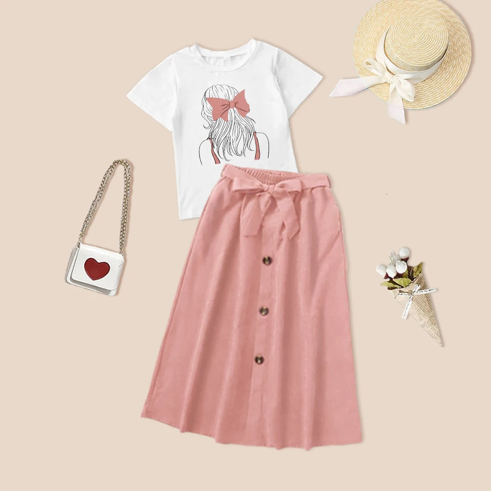 ZAFILLE Mother Kids Family Matching Outfits Ponytail Print Top Bowknot Dress Summer Mom Daughter Clothing Set Mommy And Me Suit 240403