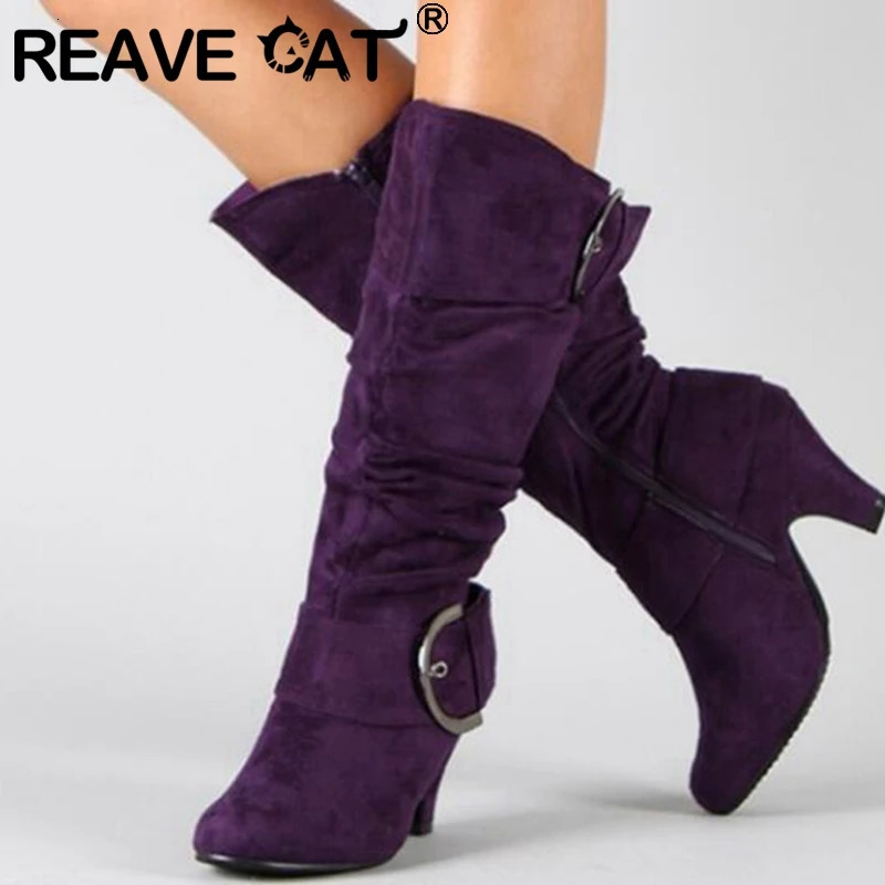 REALE CAT knee high boots autumn artificial suede wide pleated smooth buckle 5cm spike boots size 35-43 gray A4370 241113
