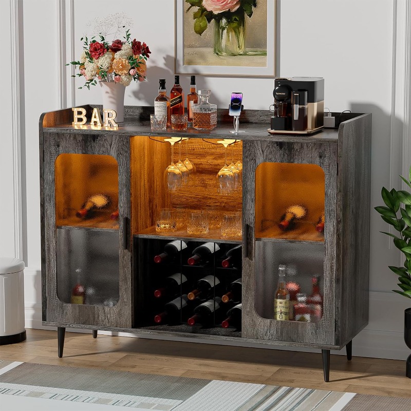 Liquor Cabinet Bar with LED Light - Wine Rack, Coffee Bar, and Storage Shelf for Dining Room