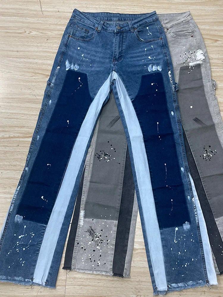 2025 S Fashion Designer Men S Jeans Fashion Cargo American Retro High Waist Tie Dye Patchwork Work Denim Pants Straight Layered Flared Trousers