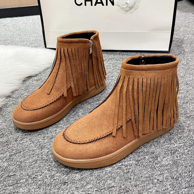 Winter women's new tassel boots, short leg side zipper low heel sponge sole, thick suede women's shoes