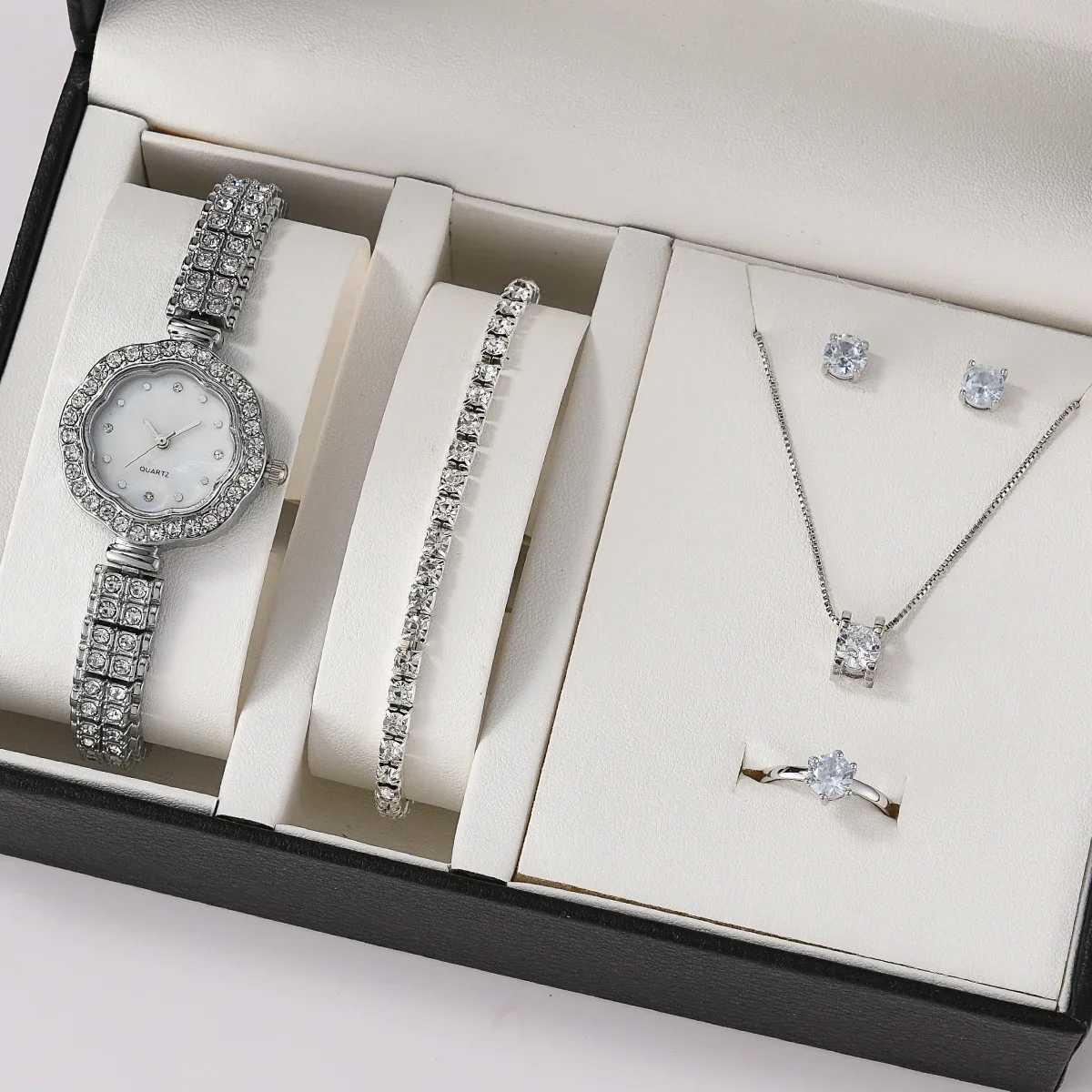Women Quartz Watch Luxury with Diamonds Simple Stainless Steel Strap Clock Ring Necklace Earrings Rhinestone Set Reloj (no Box)XJ241109