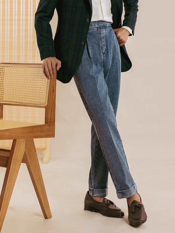 Men's Naples denim pants, English style double pleated waist button pants, business casual retro denim pants, street wear, gentlemen
