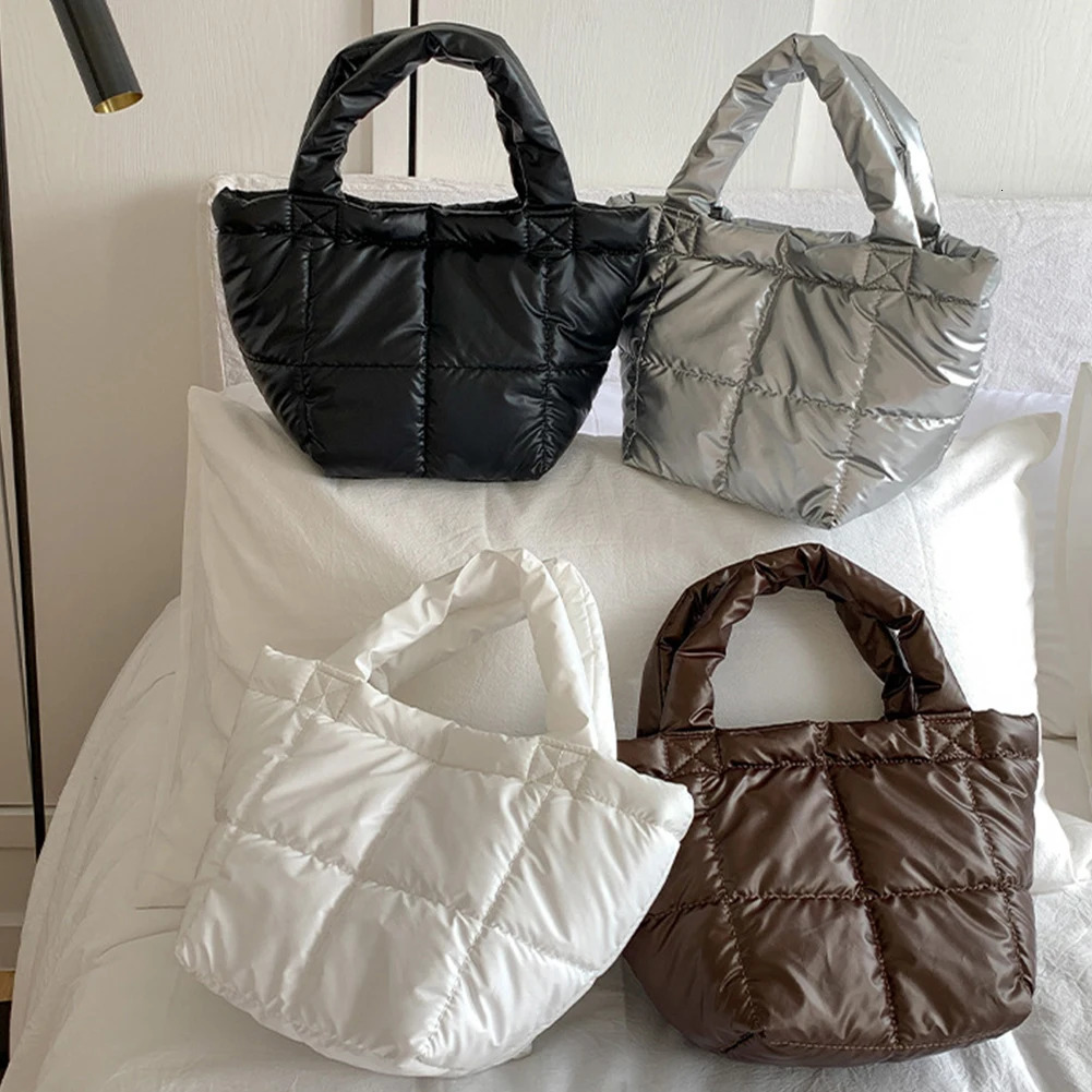 Winter Puffer Handbag for Women Down Padded Small Shoulder Bags Puffy Top Handle Bag Quilted Cotton Tote Lightweight Space Purse 241114
