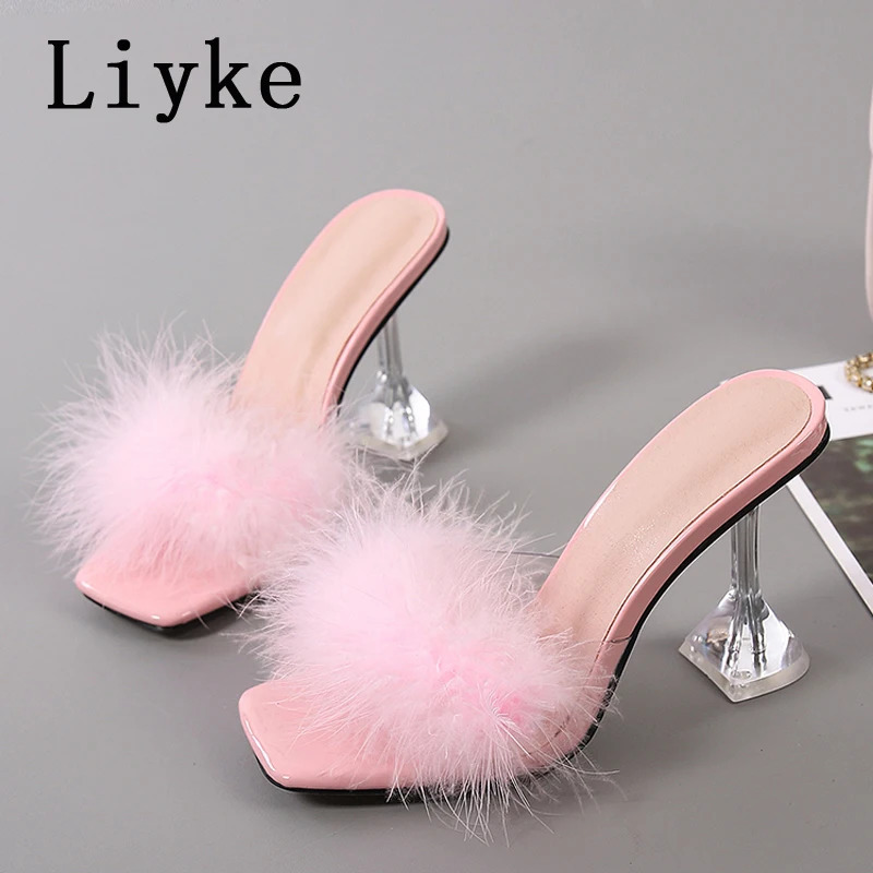 Liyke 9CM Transparent High Heels Fur Slippers Women Feather Sandals Peep Toe Mules Lady Pumps Slides Party Shoes Pink 241114