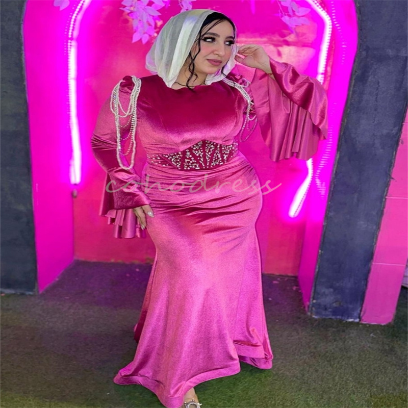 Hot Pink Arabian Evening Dress Plus Size Memaid Prom Dresses Muslim Long Sleeve Engagement Reception Formal Party Moroccan Robe De Soiree 2025