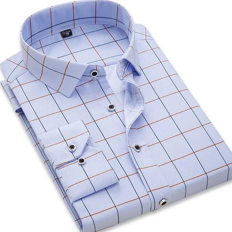 Quality Long Sleeve Mens Floral Plaid Casual Shirts Regular Fit Thin Summer Light Weight Social Work Business Dress ShirtXJ24113