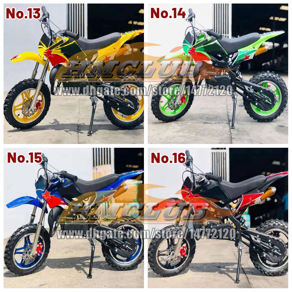 16Colors Real 2 Stroke Dirt Bike Mountain Mini Motorcycle Small Buggy 49CC 50CC Superbike Moto Gasoline Adult Child Off-road Vehicle Motorbike Boy Gir
