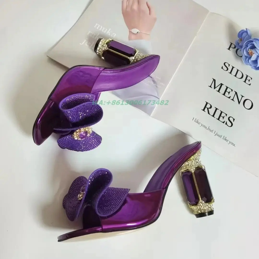 Jade Diamond Candy Bow Womens Dress High Heels Slide Toe Jewelry Water Diamond Outdoor Slide 241113