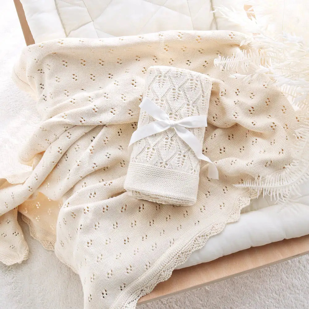 Knitted baby blankets born shower gifts cotton swaddle packaging blankets nap covers baby bed bedding lace pick-up holes 241113