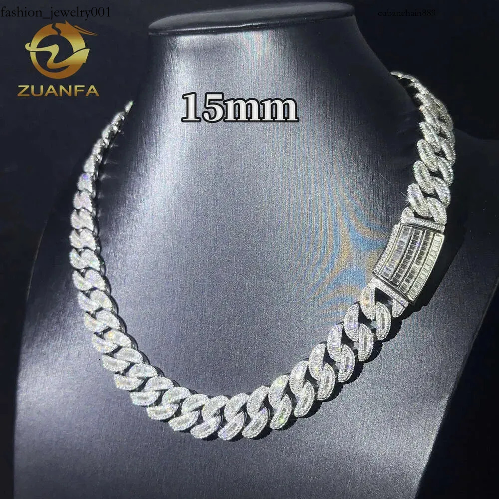 Pass Dia Test Hip Hop Jewelry 15mm Baguette Cut k Sier Moon Shape Vvs Moissanite Cuban Chain