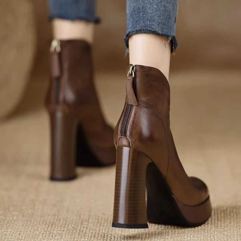 High Quality New Soft Leather Ankle Boots Platform Short Boots Winter Botas Warm Shoes Round Heel Zipper Black Brown T241113