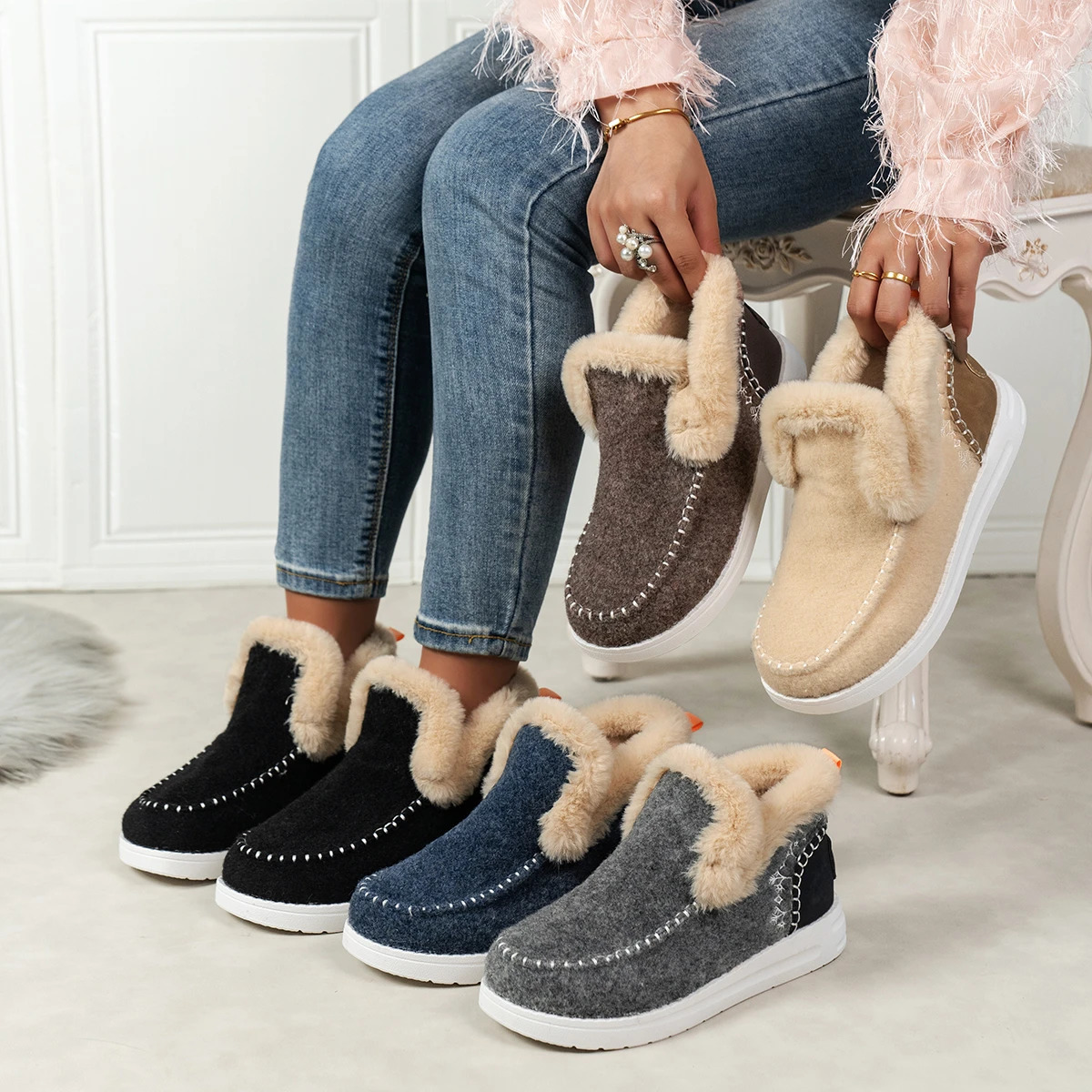 Womens Winter Round Head Plush Comfortable Warm Short Tube Flat Bottom Large Size Womens Boots Size 36-43 241113