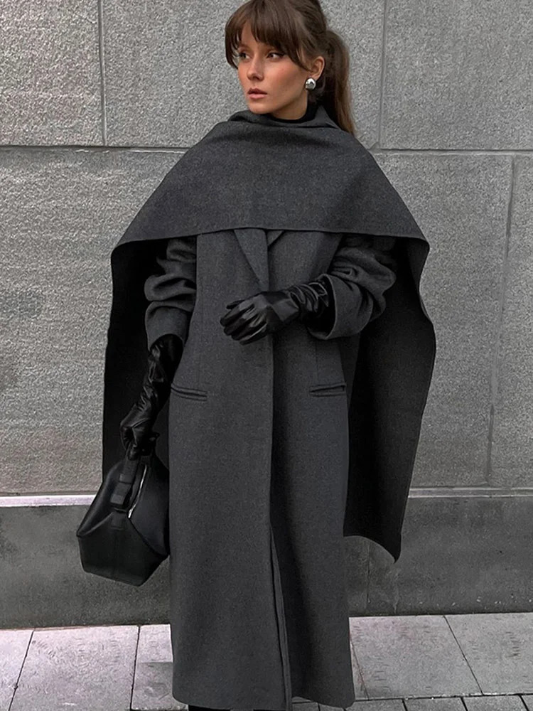 Fashion Oversized Full Sleeve Big Scarf Collar Women Overcoat Elegant Solid Pocket Double Breasted Coat Lady 2024 Commuting Wear 241113