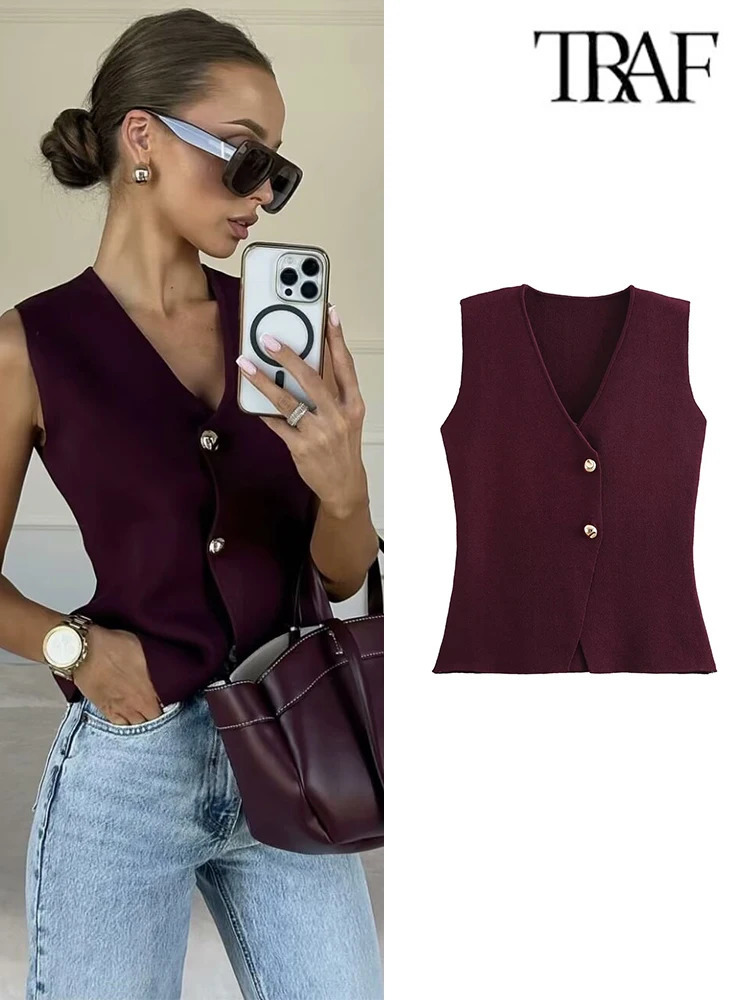 TRAF 2024 Gold Button Knitted Tank Top Fashion Autumn Vest Casual Women Simple Wear 241113