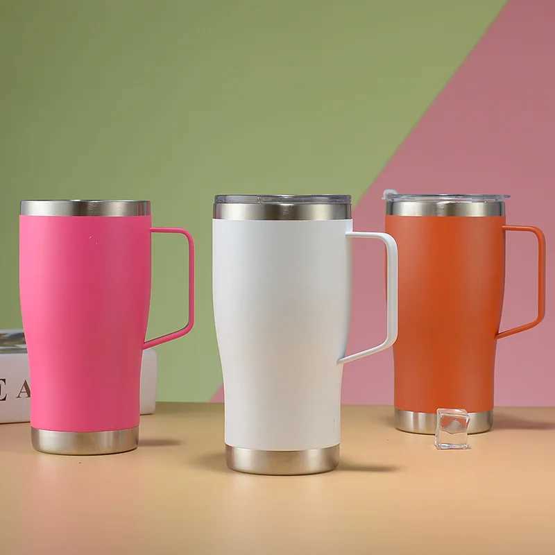 304 stainless steel hot water bottle vacuum double wall handle cup simple solid color coffee cup with lid 20oz water bottle Y241114