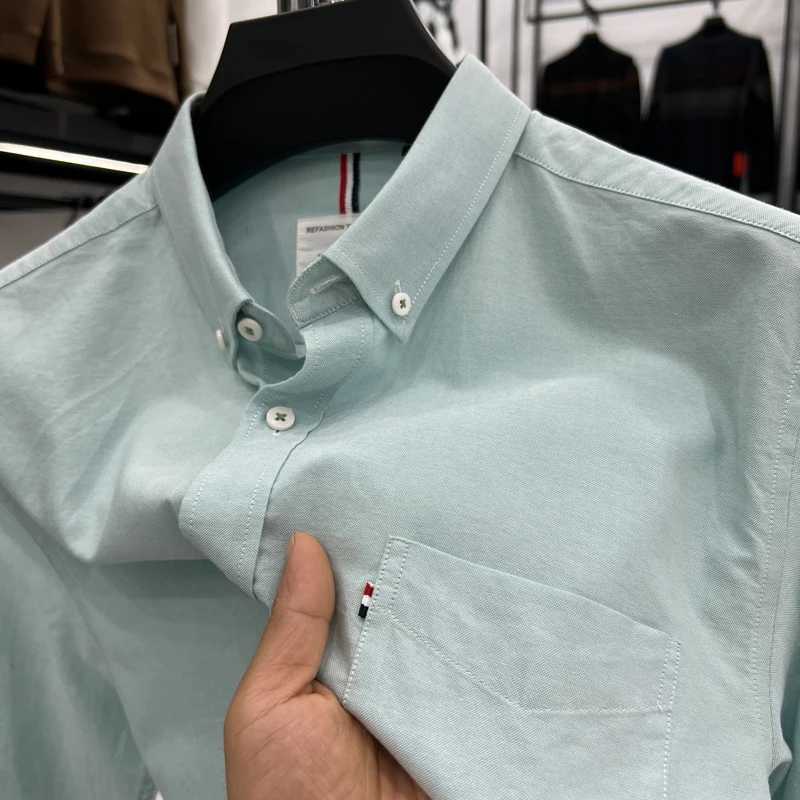 2024 High end Luxury 100% Cotton Mens Oxford Shirt Short sleeved Summer Korean Fashion Ribbon Pocket Business Casual Mens WearXJ24113